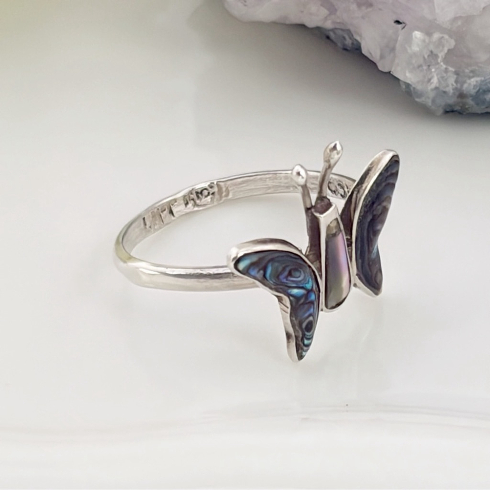 Vintage Sterling Silver 925 Southwest Abalone Butterfly Ring Size 5 6 7 7.5 - Picture 6 of 11